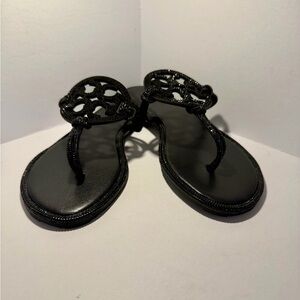 Tory Burch black sandals with shimmering rhinestones logo!